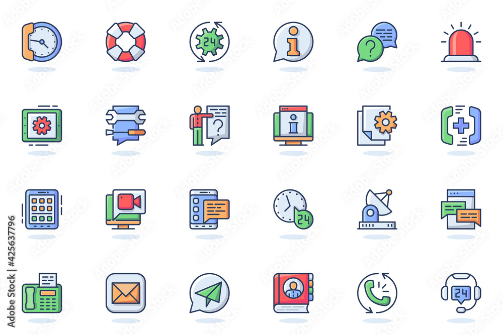 Support services web flat line icon. Bundle outline pictogram of help, faq, operator, hotline, consultation, online chat, phone assistant concept. Vector illustration of icons pack for website design