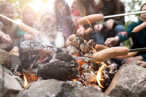 barbecue on the grill. Sausages are fried on the fire. Picnic in nature.
