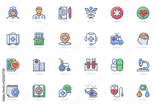 Medical services web flat line icon. Bundle outline pictogram of doctor, nurse, prescription, pharmacy, medicine, ambulance, treatment concept. Vector illustration of icons pack for website design