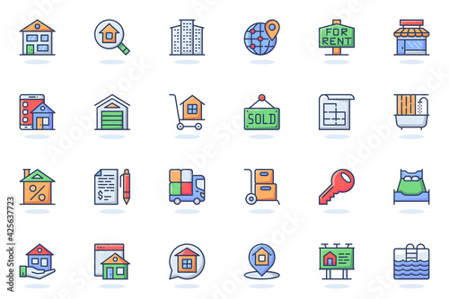 Real estate web flat line icon. Bundle outline pictogram of buying house, looking for housing, apartments, rent, sold, bank loan, mortgage concept. Vector illustration of icons pack for website design