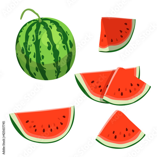Watermelon vector set. Ripe berry, watermelon slices. Juicy fresh summer berry. Bright illustration isolated on a white background.