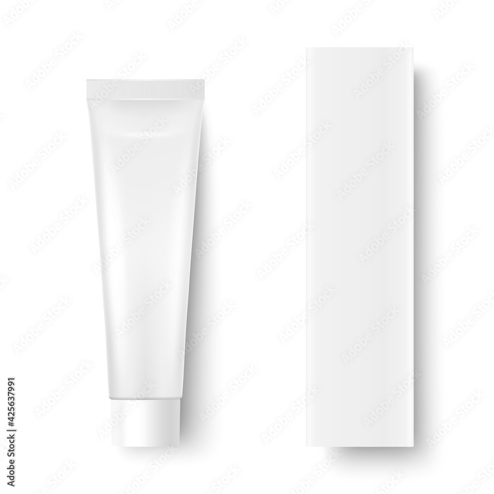 Vector 3d Realistic Plastic, Metal White Tooth Paste, Cream Tube, Carton Packing Isolated on White Background. Design Template of Toothpaste, Cosmetics, Cream, Tooth Paste for Mockup. Top View