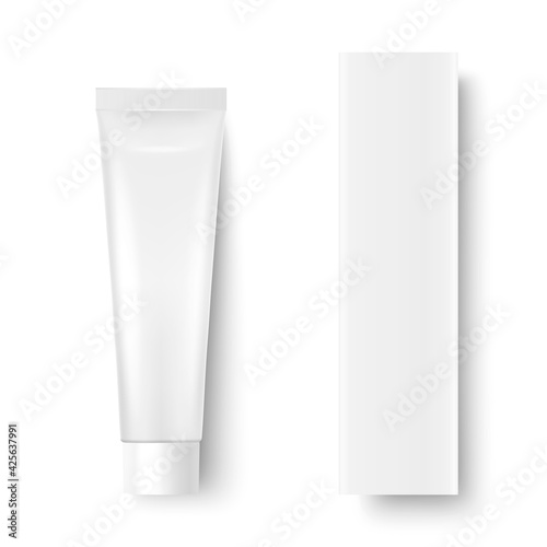 Vector 3d Realistic Plastic, Metal White Tooth Paste, Cream Tube, Carton Packing Isolated on White Background. Design Template of Toothpaste, Cosmetics, Cream, Tooth Paste for Mockup. Top View