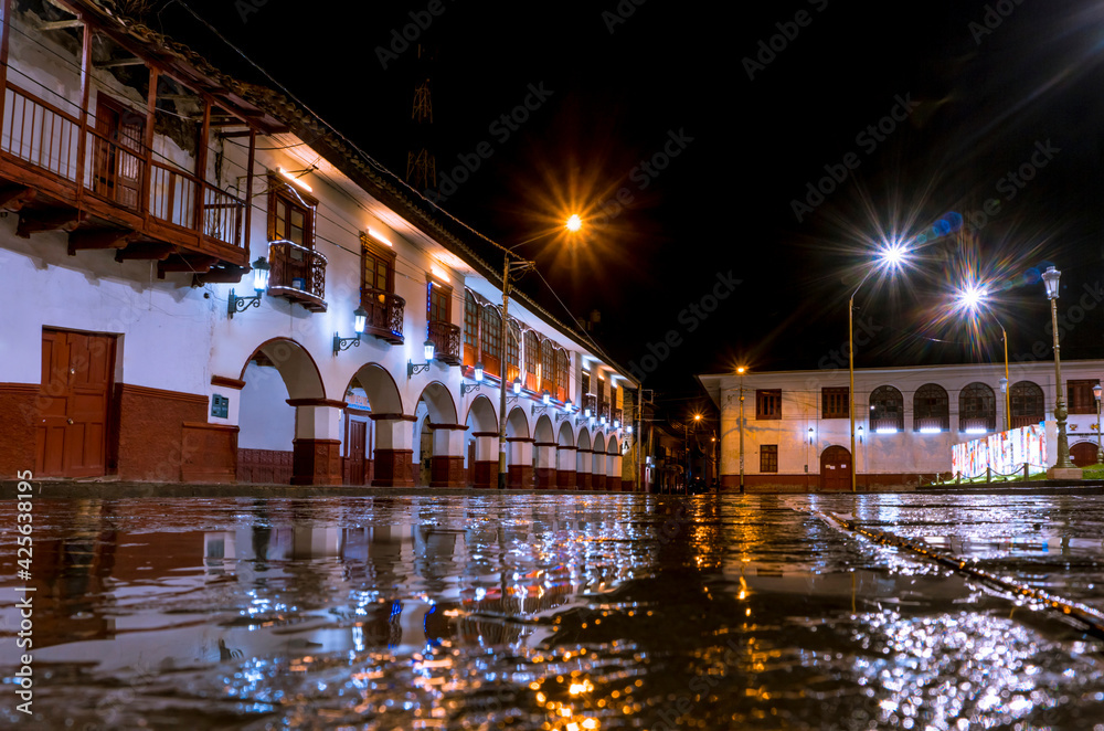 Colonial portals located in the main square of the city of huancavelica at night