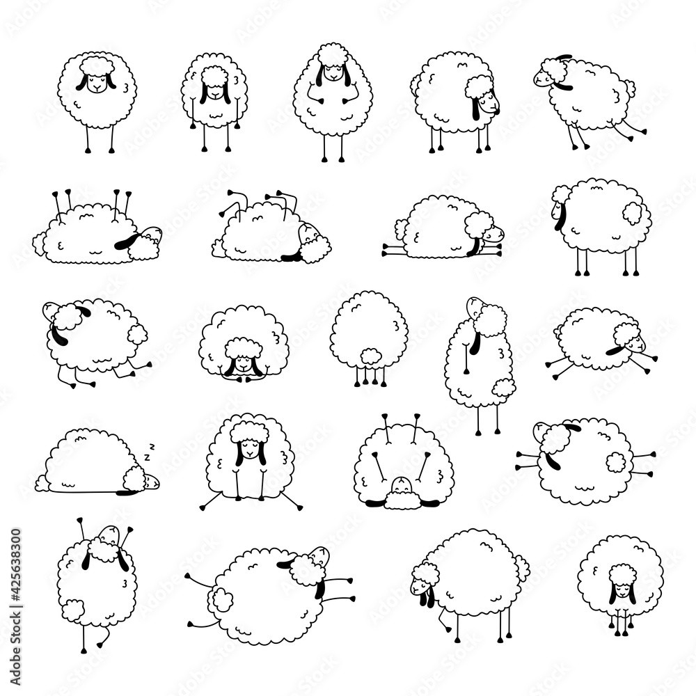 Set of funny sheeps in different poses. Cute white sheeps with black ears. Set of funny sheeps in different poses. Cute white sheeps with black ears.