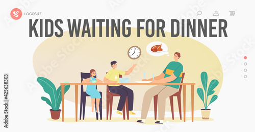 Hungry Family Waiting Dinner Landing Page Template. Father, Daughter and Son Characters Sit around Table on Kitchen