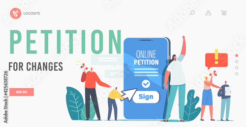 Collective Public Appeal Service Landing Page Template. Tiny Characters at Huge Smartphone Call to Sign Online Petition