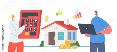 Home Professional Appraisal with Tiny Agents Hold Huge Calculator and Laptop at Real Estate Building. Value, Assessment