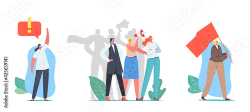 Girl Power Concept. Female Characters on Demonstration for Women Rights. Young Girls with Flags and Bullhorn, Feminism