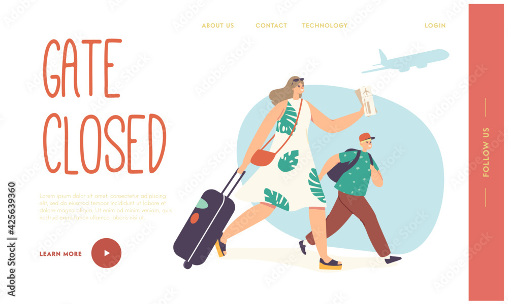 Mother with Child Late for Plane Boarding Landing Page Template. Worried Woman and Boy Run with Bags to Closed Gates