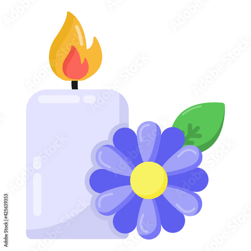 
Burning candlestick with flower denoting icon of spa candle 

