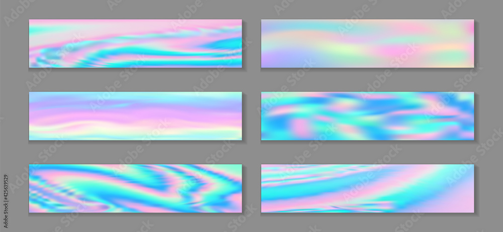 Fototapeta premium Neon holo cosmic flyer horizontal fluid gradient princess backgrounds vector set. Glitch holography