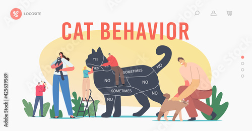 Cat Behavior Landing Page Template. Tiny Characters on Ladder Caring of Huge Cat with Infographics on Body