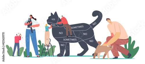Tiny Male and Female Characters on Ladder Caring of Huge Cat with Infographics on Body. Communication with Pets