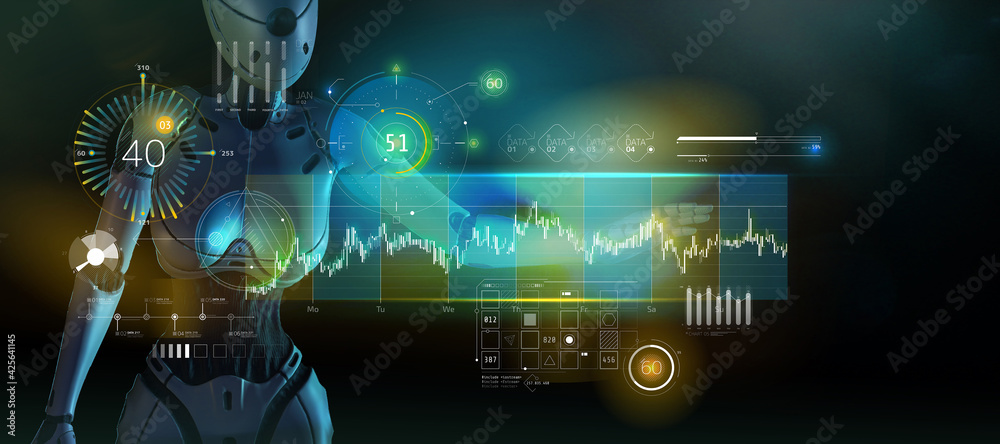 Obraz premium The robot works with stock data on a holographic panel.