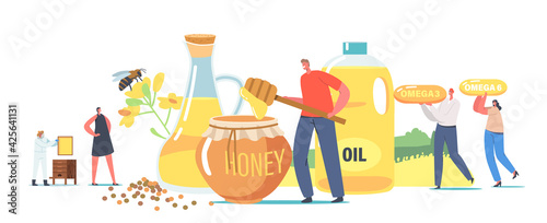 Characters Extracting Rapeseed Canola Oil and Honey. Apiary Production. Beekeeper in Protective Outfit Taking Honeycomb