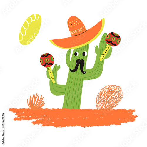Cactus character with mustaches in a sombrero hat plays maracas, tumbleweed nearby. Cinco de mayo, Fifth of may card. 