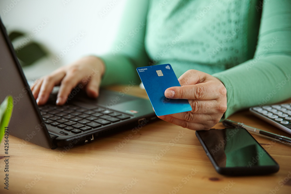 Fototapeta premium Woman buying online with laptop and credit card e-commerce concept