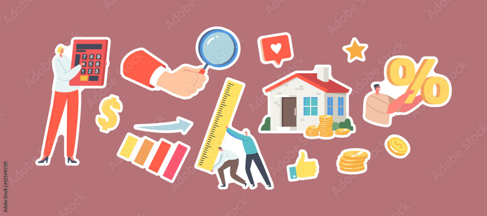 Set Stickers Property Value, Real Estate Appraisal Theme. Tiny Characters  with Huge Calculator, Percent Symbol and Ruler vector de Stock | Adobe Stock