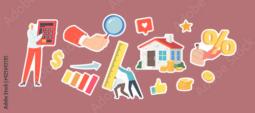 Set Stickers Property Value, Real Estate Appraisal Theme. Tiny Characters with Huge Calculator, Percent Symbol and Ruler