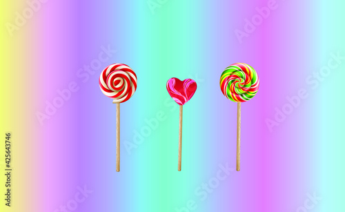 Three Colorful caramels on a stick on a rainbow background. A postcard or tag for a pastry shop.