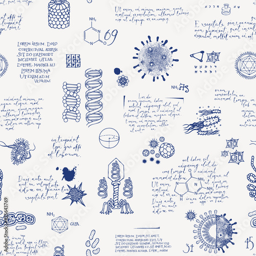 Vector seamless pattern on a scientific topic in virology, chemistry, biology, medicine. Abstract background with ink drawings and handwritten lorem ipsum text. Wallpaper, wrapping paper, fabric