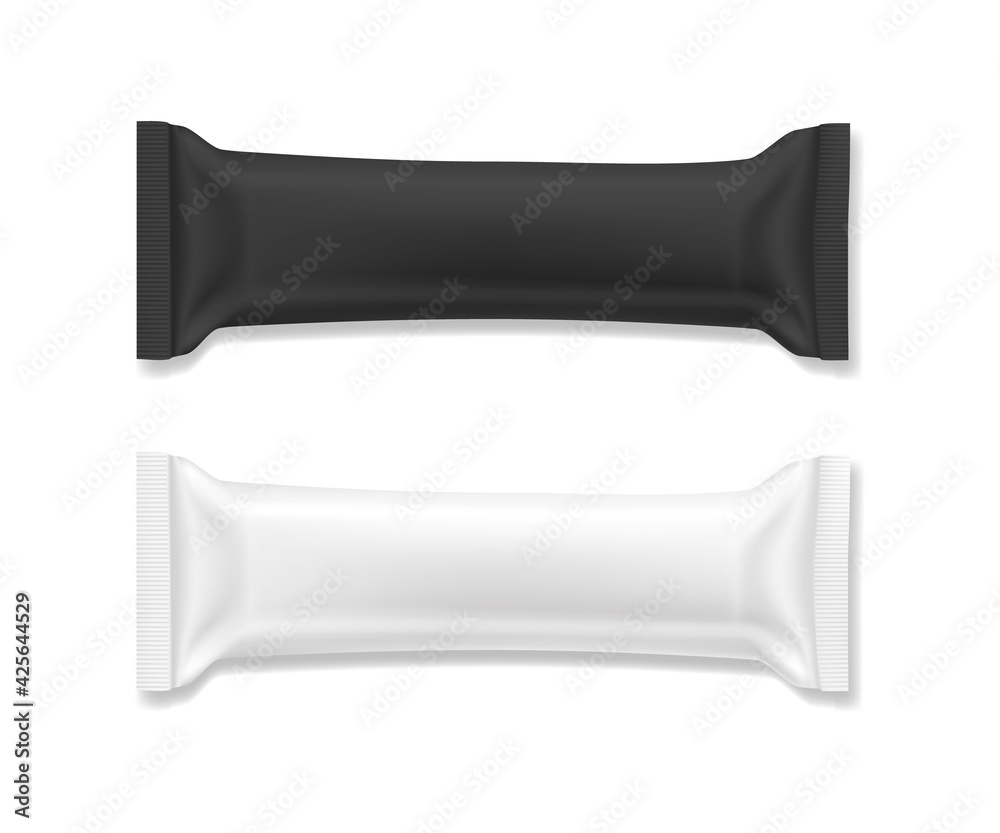 Flow package mockup. Vector realistic illustration of chocolate bar wrapper pack, in white and black color, top view. Ready to eat snack in blank foil wrapper for product design and branding Flow package mockup. Vector realistic illustration of chocolate bar wrapper pack, in white and black color, top view. Ready to eat snack in blank foil wrapper for product design and branding