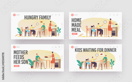 Mother Cook for Hungry Family Landing Page Template Set. Father and Kids Sitting Around Table Waiting Food