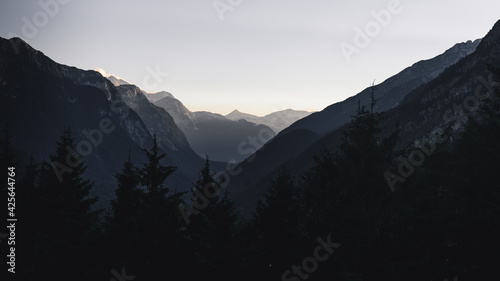 Alps mountains landscape during sunset, Lago del Predil, Italia