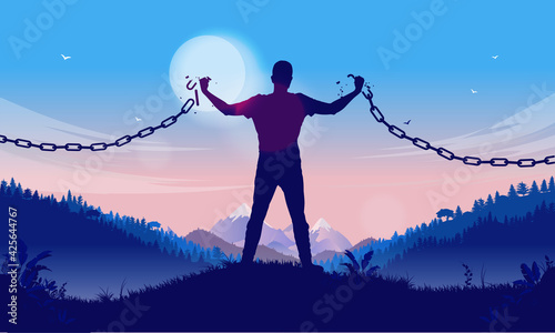 Independency - Silhouette of man breaking chains to become free and independent. Personal freedom concept. Vector illustration.