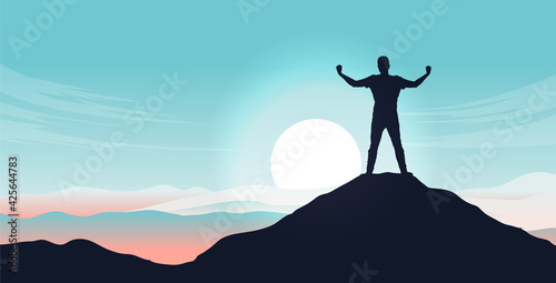 Personal growth - Male person standing on mountain peak after triumph and having overcome adversity. Mental strength and winner mentality concept. Vector illustration.