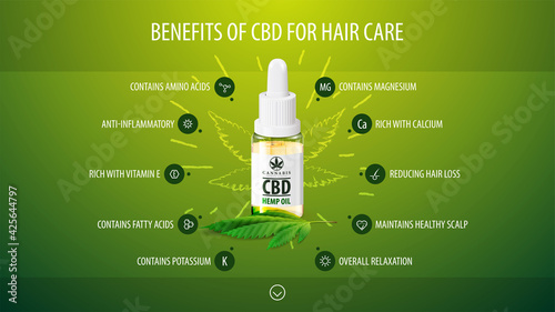 Medical benefits of cbd for hair care, green infographic poster with icons of medical benefits and Glass transparent bottle of Medical cbd oil