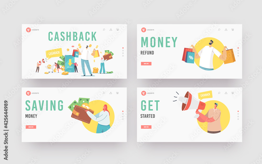 Cash Back Landing Page Template Set. Happy People Get Money Refund for Shopping and Purchasing in Store