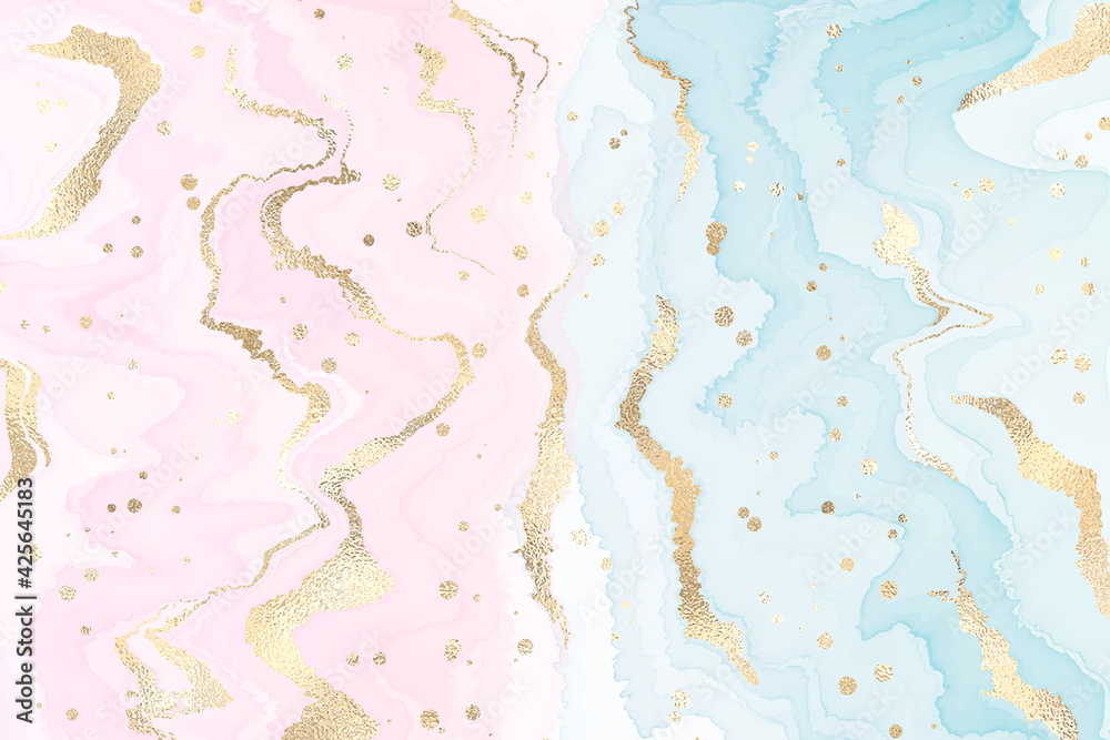Abstract two colored pink and blue liquid marble background with gold foil textured stripes and glitter dust. Pastel marbled watercolor drawing effect. Vector illustration backdrop with gold splatter