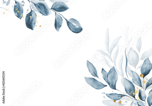 Fototapeta Naklejka Na Ścianę i Meble -  Pale blue leaves - botanical design banner. Floral pastel watercolor border frame.