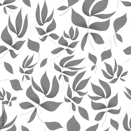 Seamless floral pattern, gray leaves on white background . Hand drawing illustration.