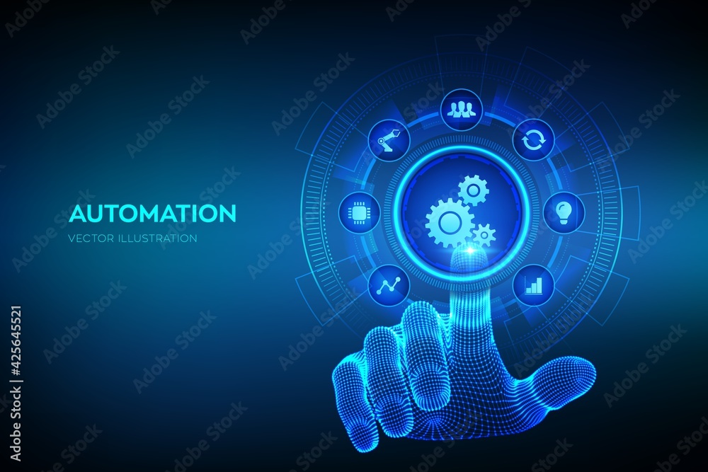 Automation Software. IOT and Automation concept as an innovation, improving productivity in technology and business processes. Wireframe hand touching digital interface. Vector illustration. Automation Software. IOT and Automation concept as an innovation, improving productivity in technology and business processes. Wireframe hand touching digital interface. Vector illustration.