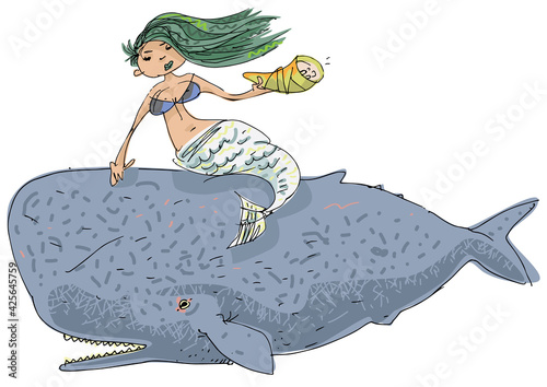 Green-haired mermaid on a whale back. Sketching. Cartoon. Caricature