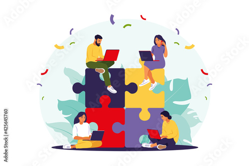 Business team putting together puzzle. Cartoon partners working in connection. Symbol of teamwork, cooperation, partnership. Flat vector illustration.