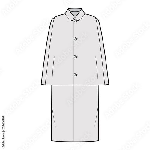 Inverness coat cape technical fashion illustration with long sleeves, round lapel collar, oversized body, midi length. Flat jacket template front, grey color style. Women, men, unisex top CAD mockup