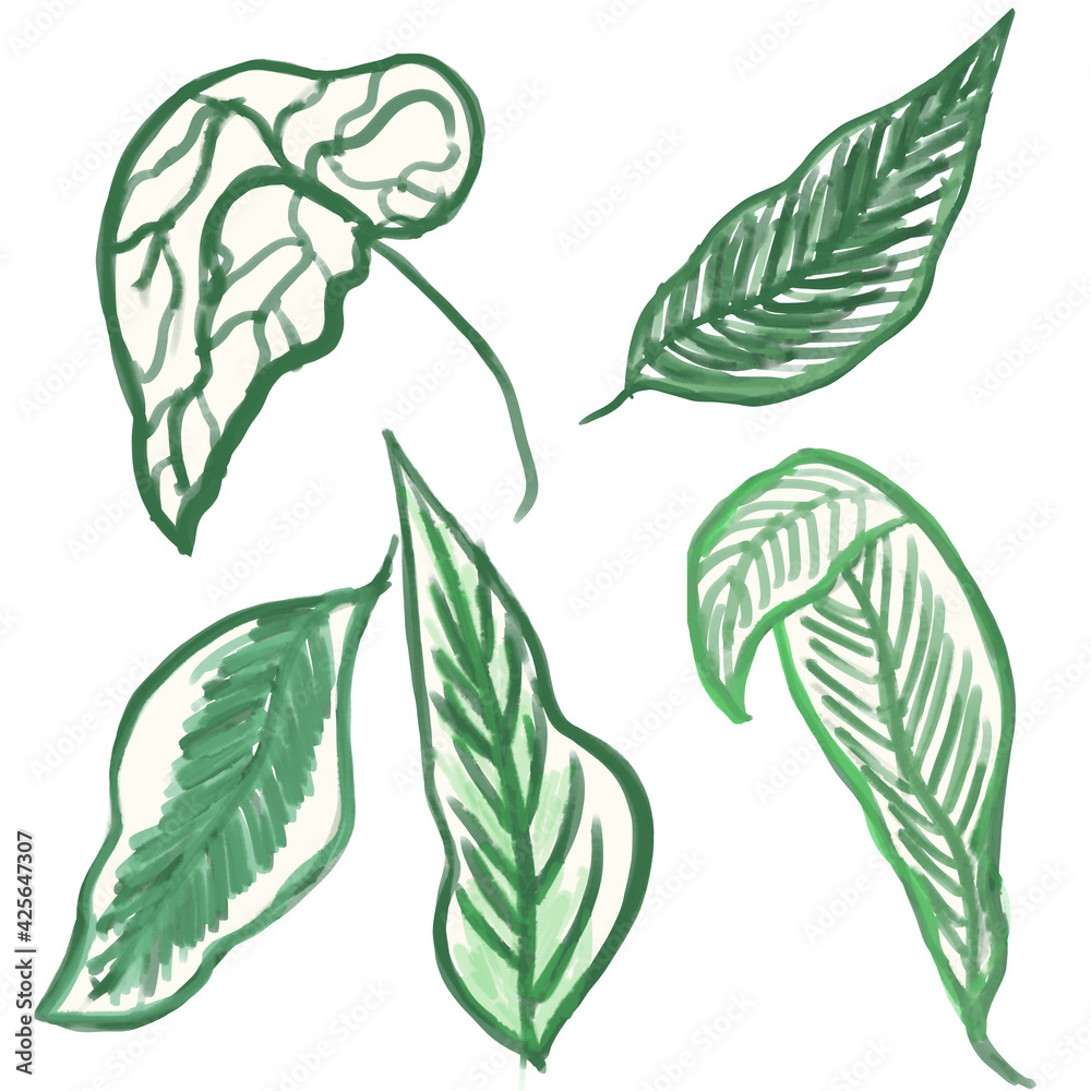 set of hand painting digital foliage leaves in waterclor bold artsy style set of hand painting digital foliage leaves in waterclor bold artsy style