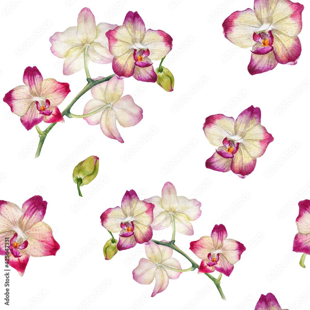 Seamless background with bright orchid flowers. Watercolor elements