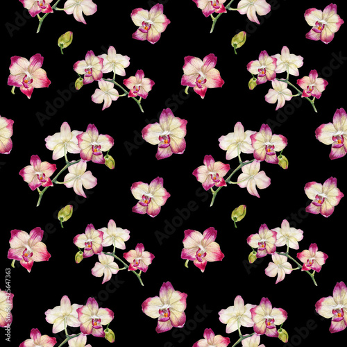 Seamless background with bright orchid flowers. Watercolor elements