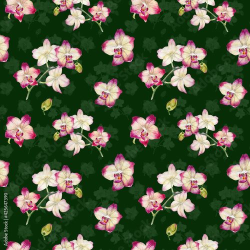 Wallpaper Mural Seamless background with bright orchid flowers. Watercolor elements Torontodigital.ca