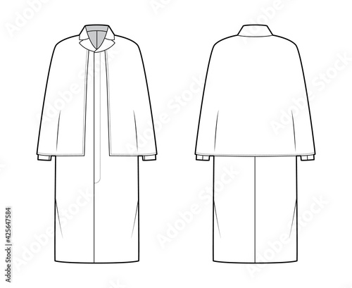 Ulster coat technical fashion illustration with cape, long sleeves, clover lapel collar, oversized body, knee length. Flat jacket template front, back, white color style. Women, men, unisex CAD mockup