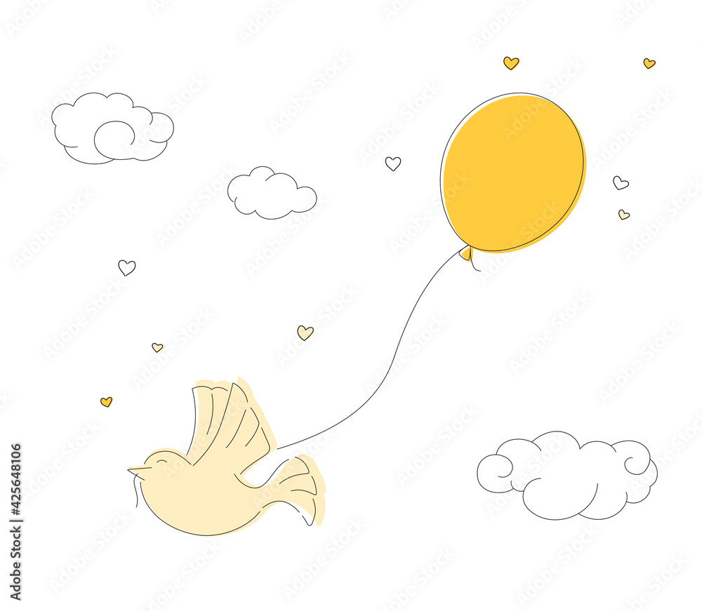 Doodle yellow little bird carries a balloon.