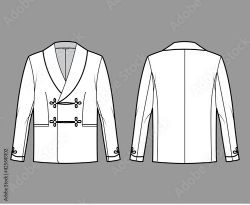 Smoking jacket technical fashion illustration with double breasted, long sleeves, shawl collar, besom pockets. Flat pajama top coat template front, back, white color style. Women men unisex CAD mockup