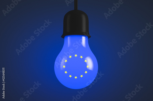 Glowing light bulb with the symbols of the European Union. Political topics