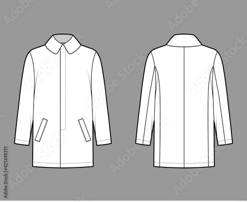 Car coat technical fashion illustration with long sleeves, round lapel collar, oversized body, stitched welt, hide closure. Flat jacket template front, back, white color style. Women, men, CAD mockup