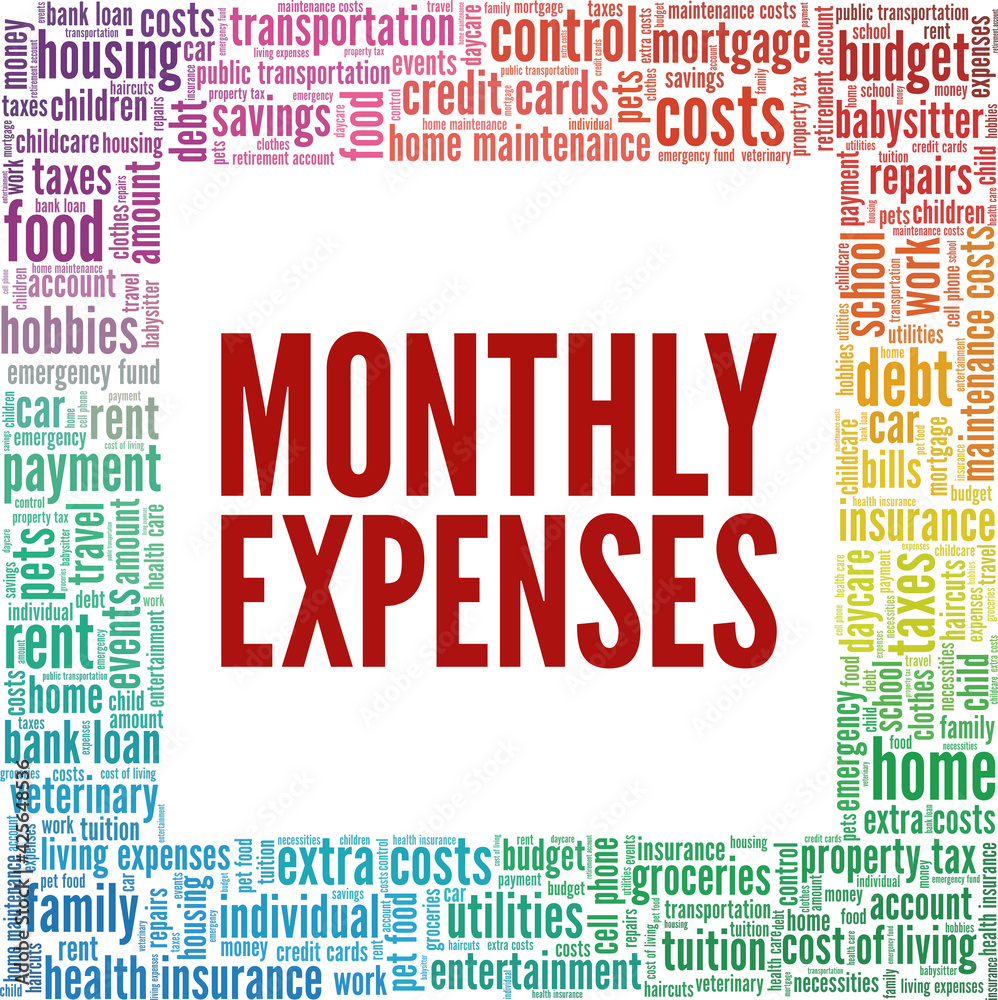 Monthly expenses vector illustration word cloud isolated on a white background.
